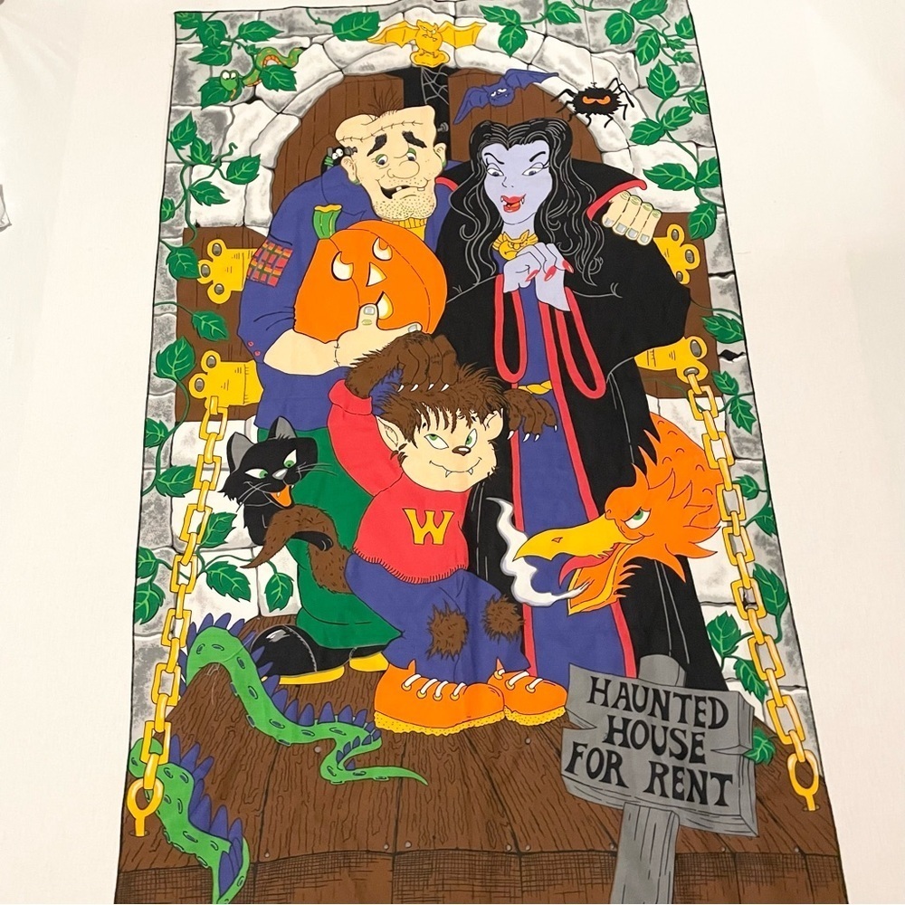 Vintage 90s Halloween Monster Family Banner Tapestry Spooky Wall Hanging